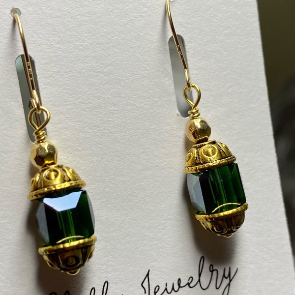 Dark green cube Art Deco earrings - Picture 2 of 2
